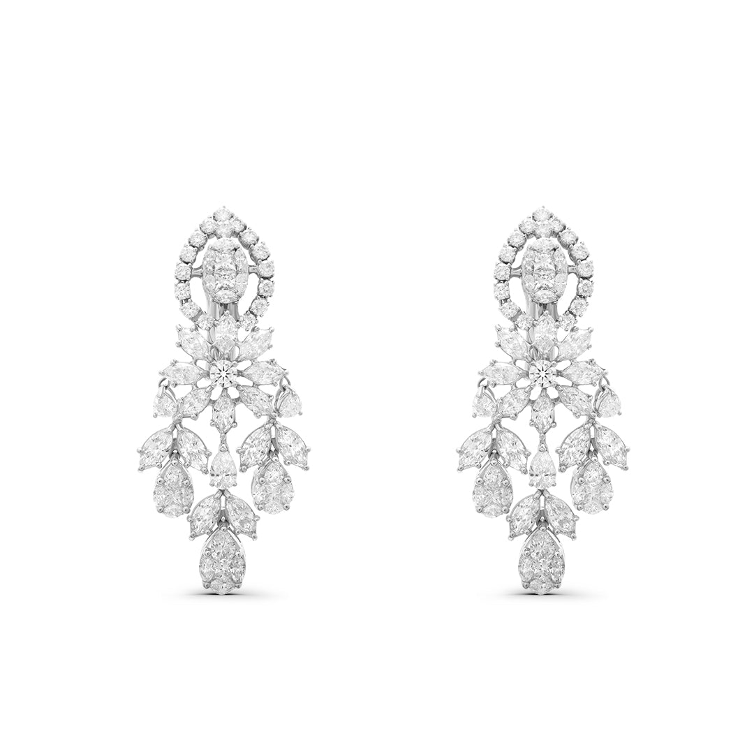 Pear Shaped White Diamond Cluster Dangle Earrings