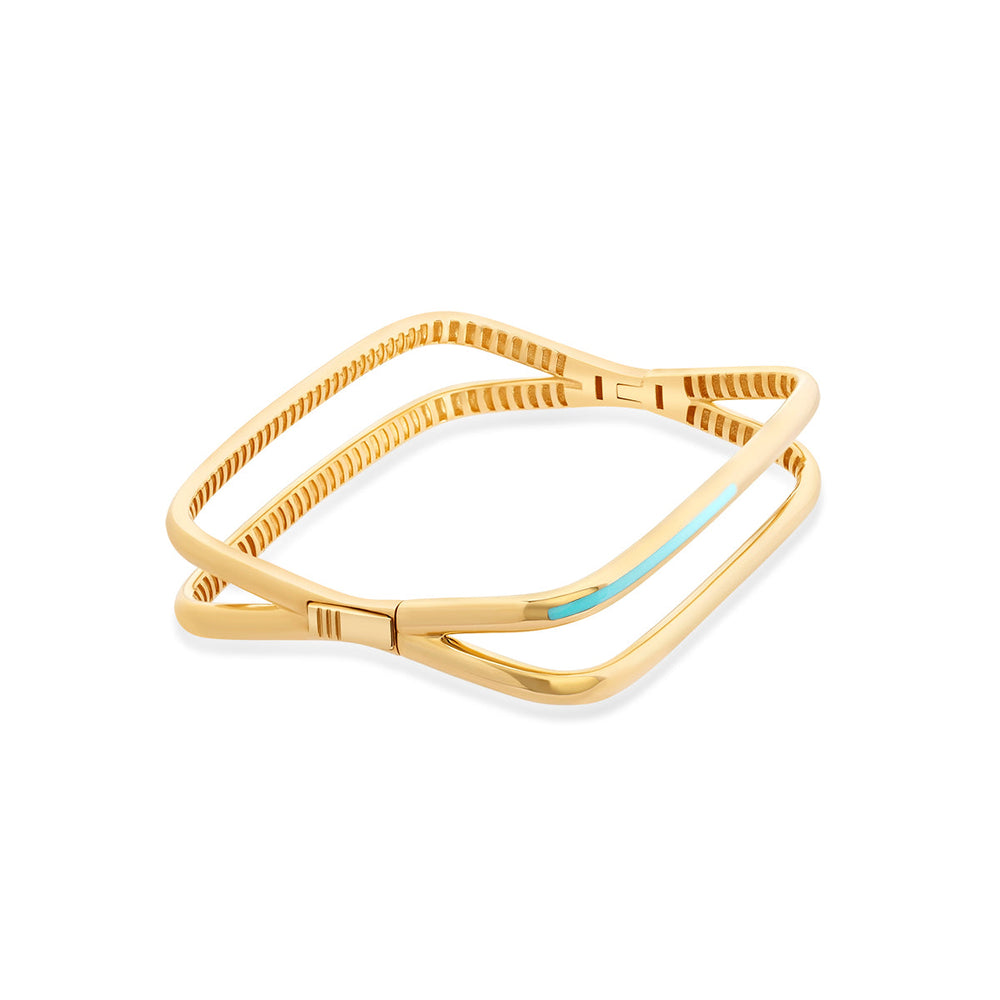 Yellow Gold Two Rows Turquoise Cuff Bracelet