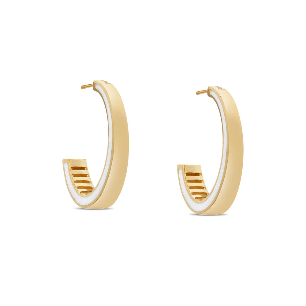 Yellow Gold Open Hoop Earrings with White Enamel