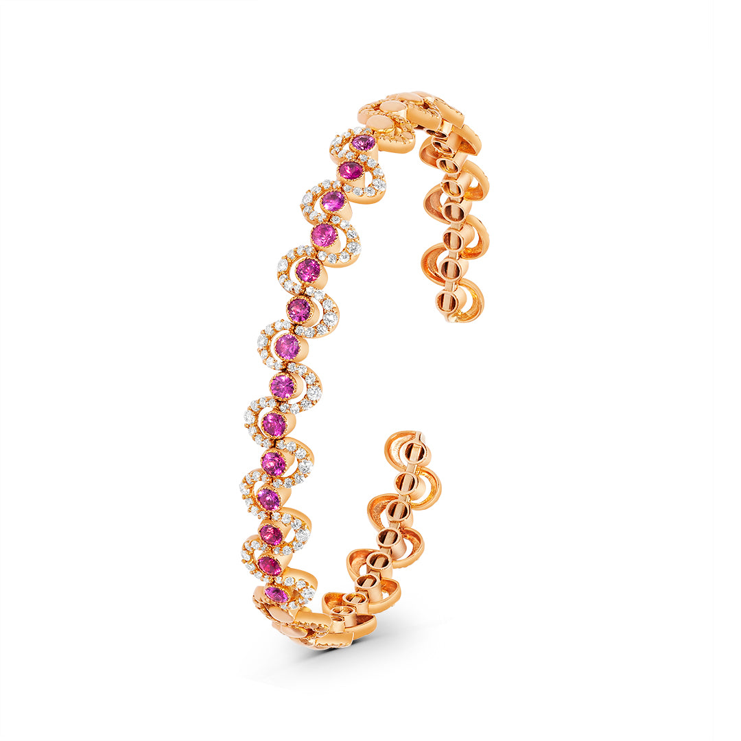 Wavy Rose Gold Bangle with Ruby and White Diamonds