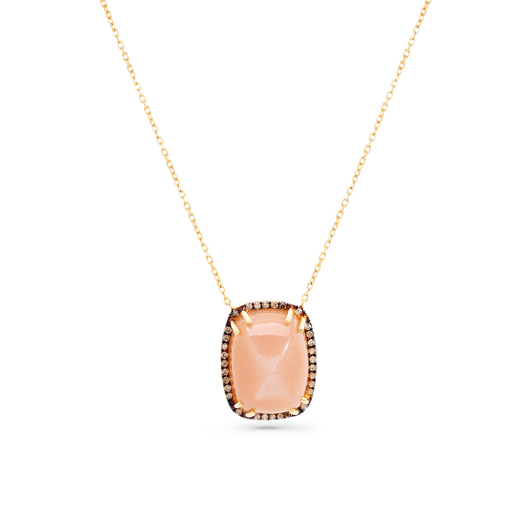 Peach Moonstone Pendant with Brown Diamond Frame