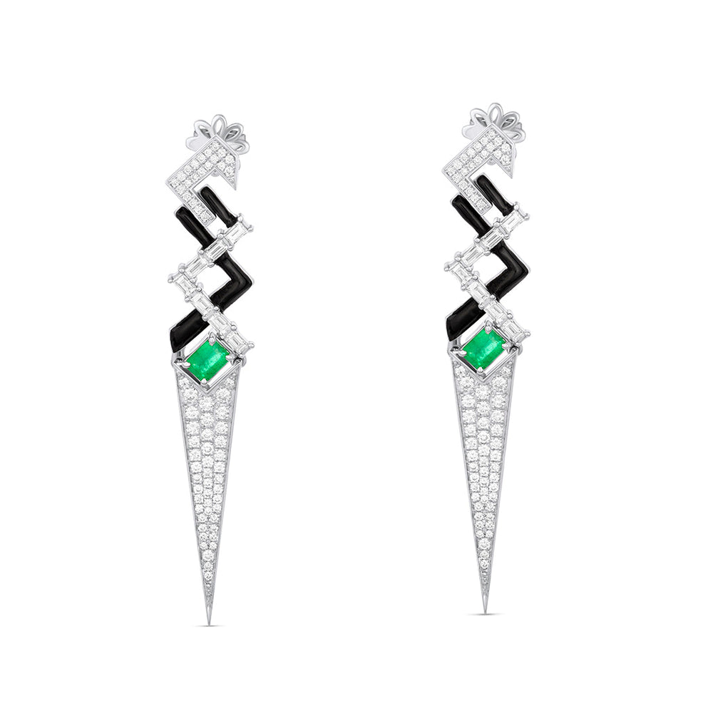 Diamond Spike Drop Earrings with Emerald and Black Enamel