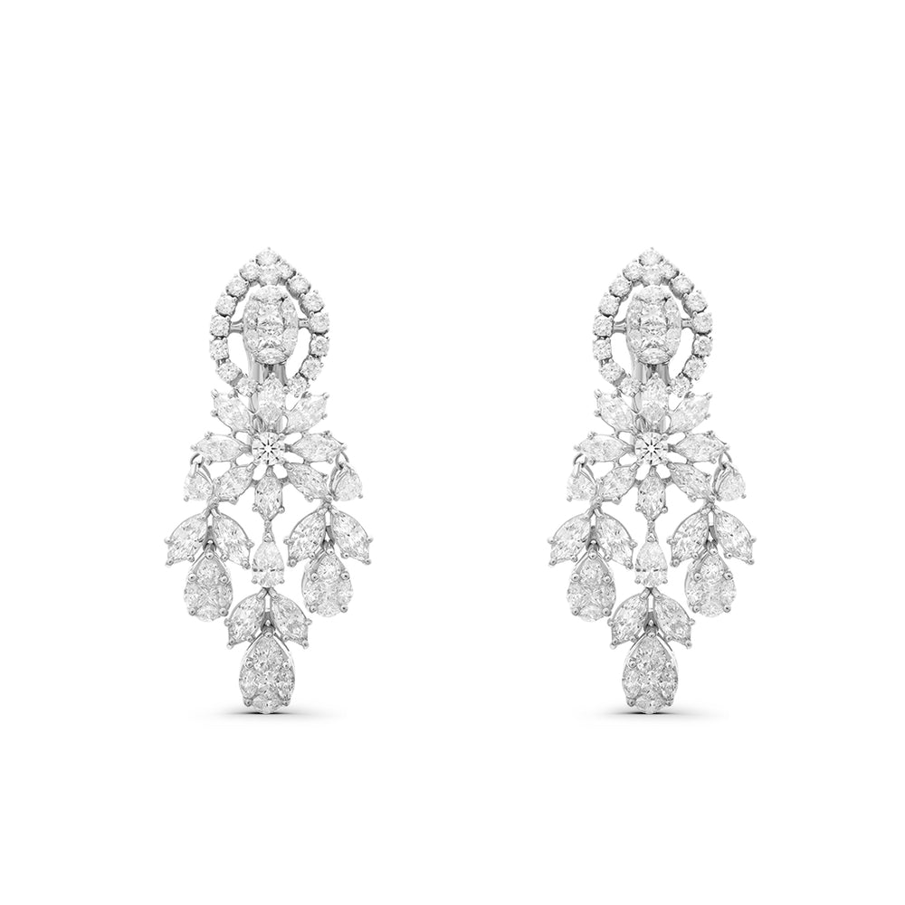 Pear Shaped White Diamond Cluster Dangle Earrings