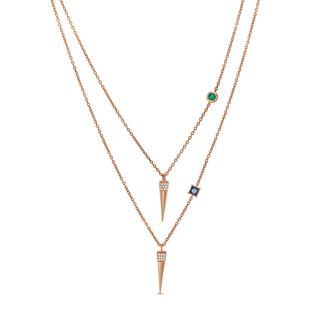 Spike Double Necklace in Rose Gold, Diamonds, Sapphires and Emeralds