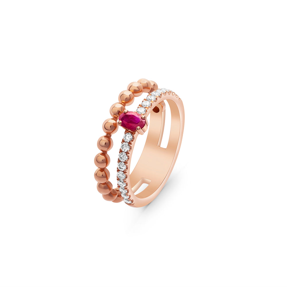 Double Banded Diamond and Ruby Ring in Rose Gold