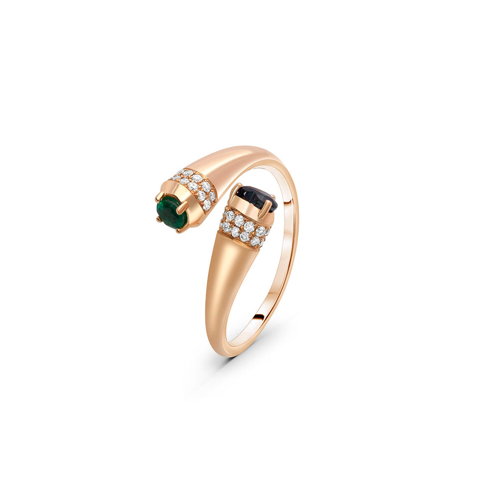 Open Ring in Rose Gold with Emerald, Diamonds, Sapphire