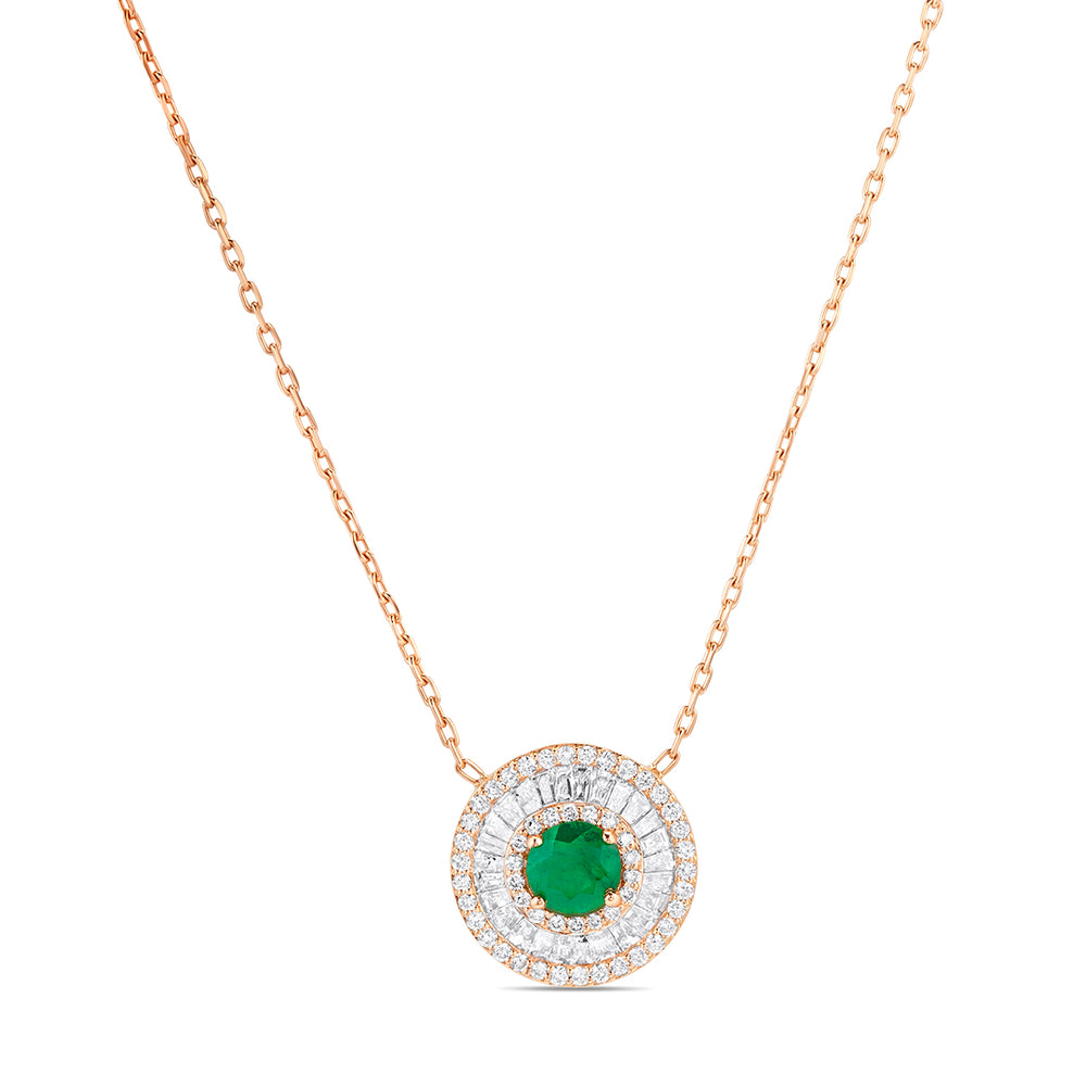 Emerald and Baguette Diamond Round Pendant