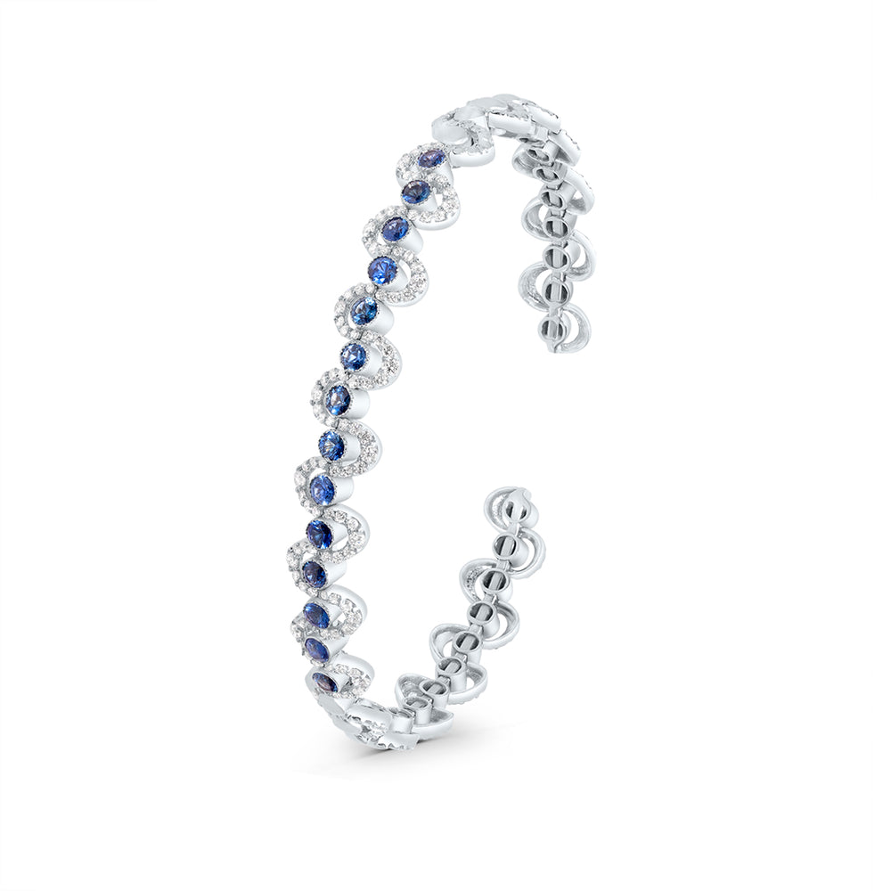 Wavy White Gold Bangle with Sapphires and White Diamonds