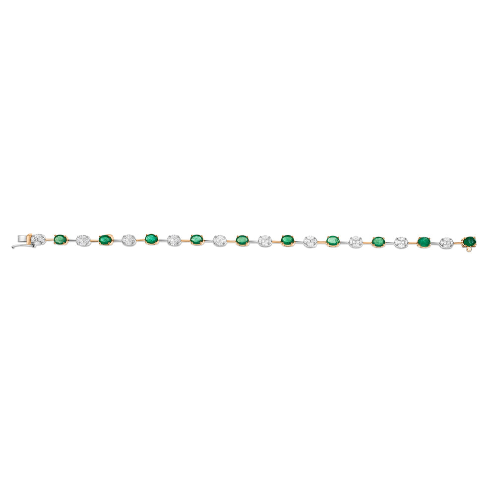 Two-Tone Gold Emerald Stone & White Diamond in Bezel Setting Bracelet