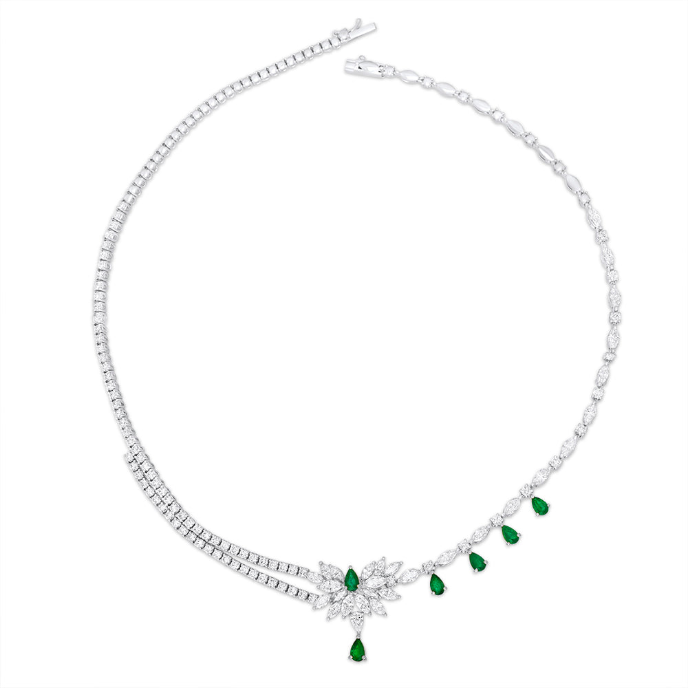 Asymetric Necklace with white Diamonds and Pear-Shaped Emeralds