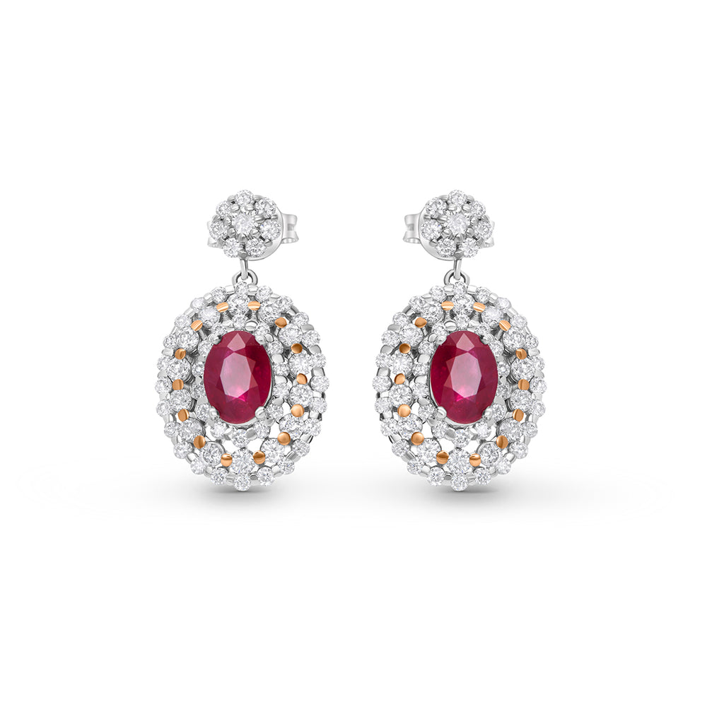 Oval Drop Earrings in Ruby and White Diamonds