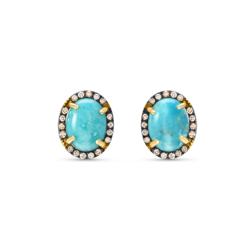 Natural Turquoise Oval Studs with Brown Diamonds