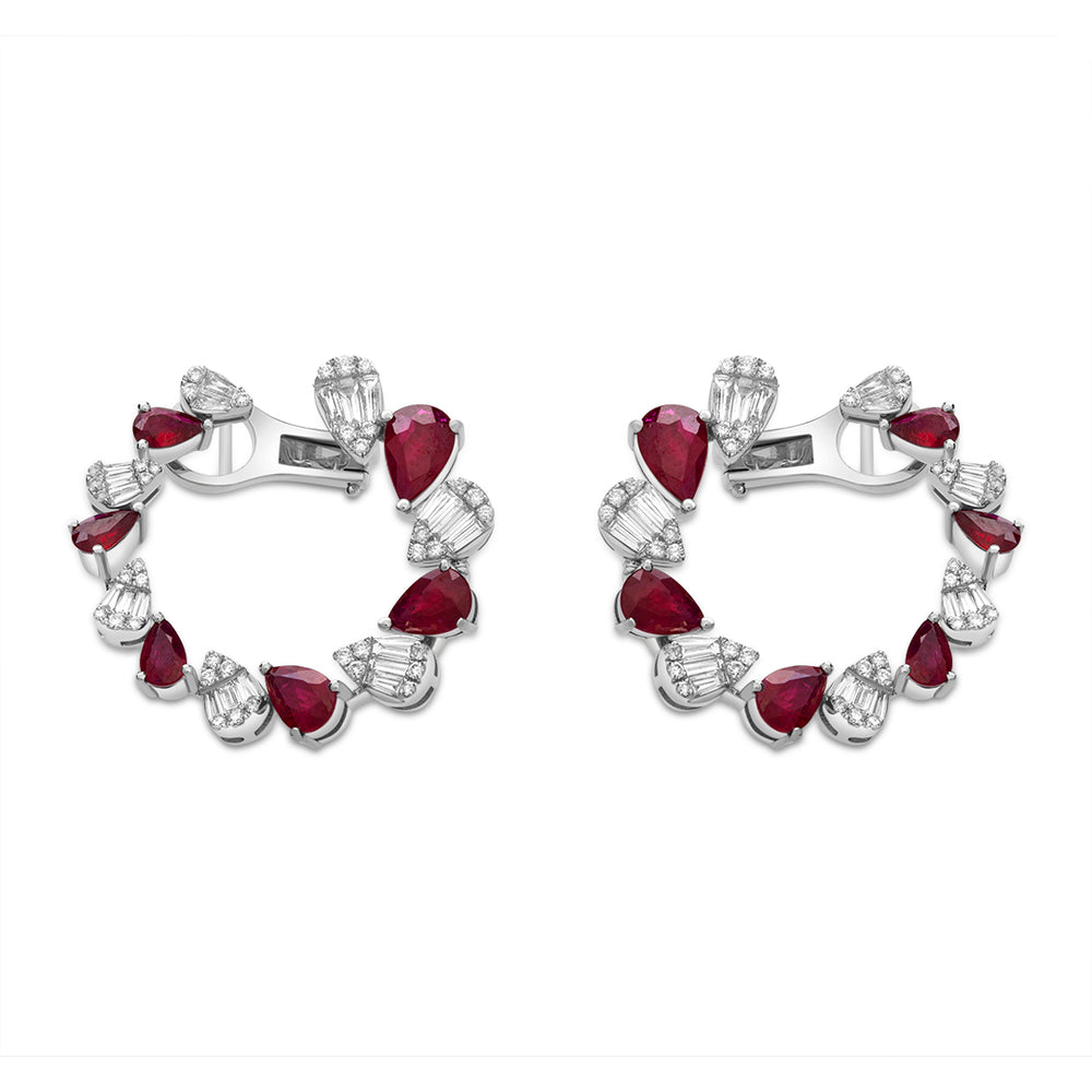Round Earrings with Pear Shaped Rubies and white Diamonds