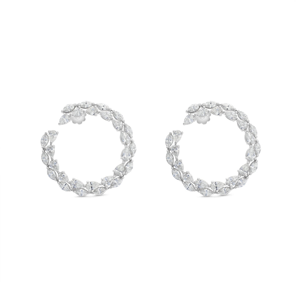 White Diamond Tear Drop Cluster Hoop Earrings