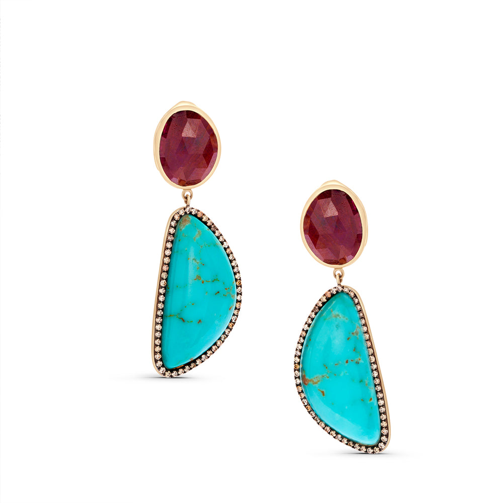 Turquoise Earrings with Ruby and Brown Diamonds