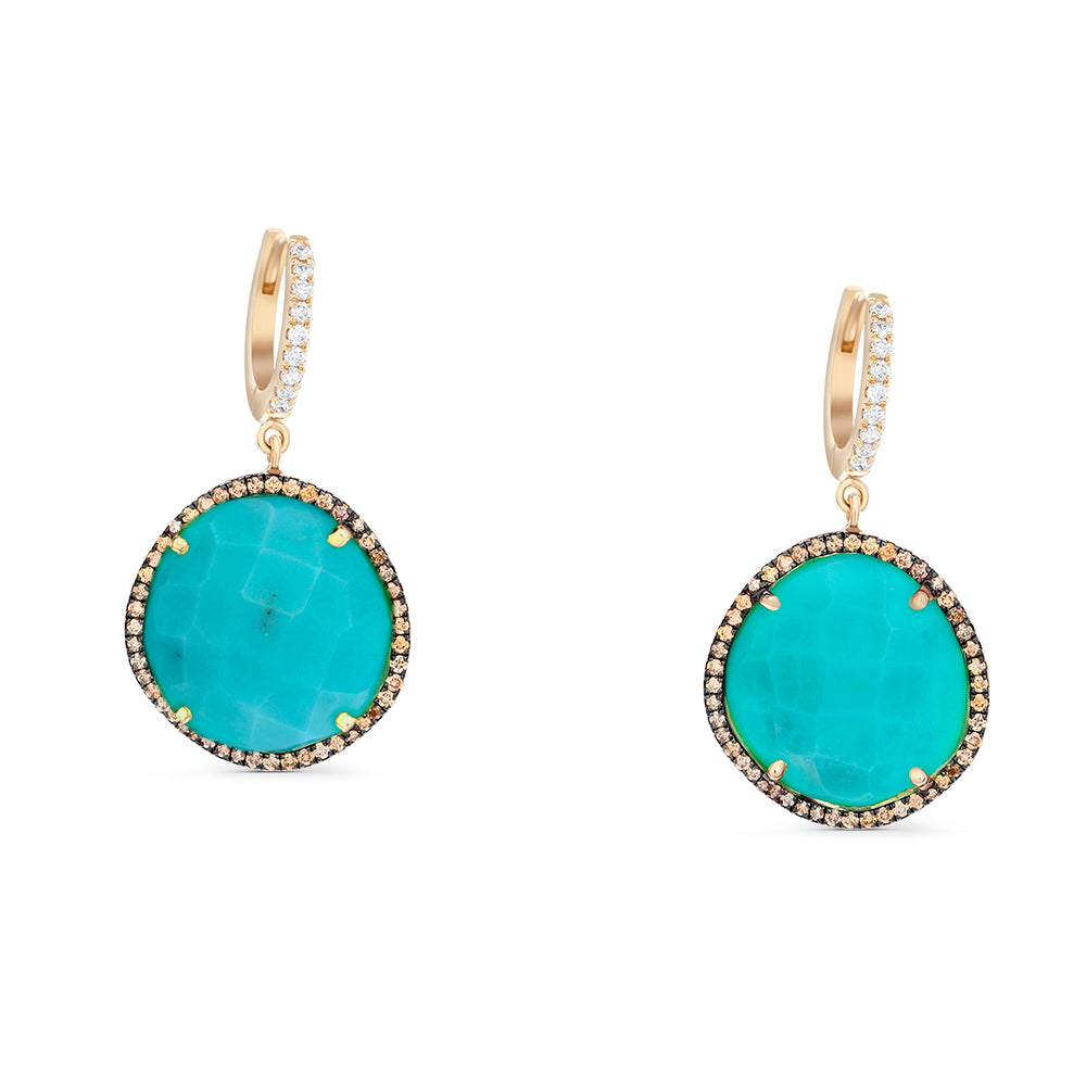Turquoise Earrings with White and Brown Diamonds