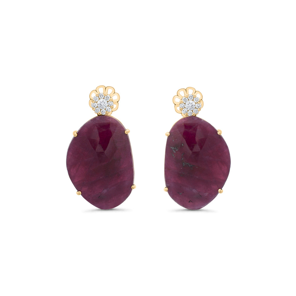 Ruby Gemstone with Floral White Diamond Cluster Earrings