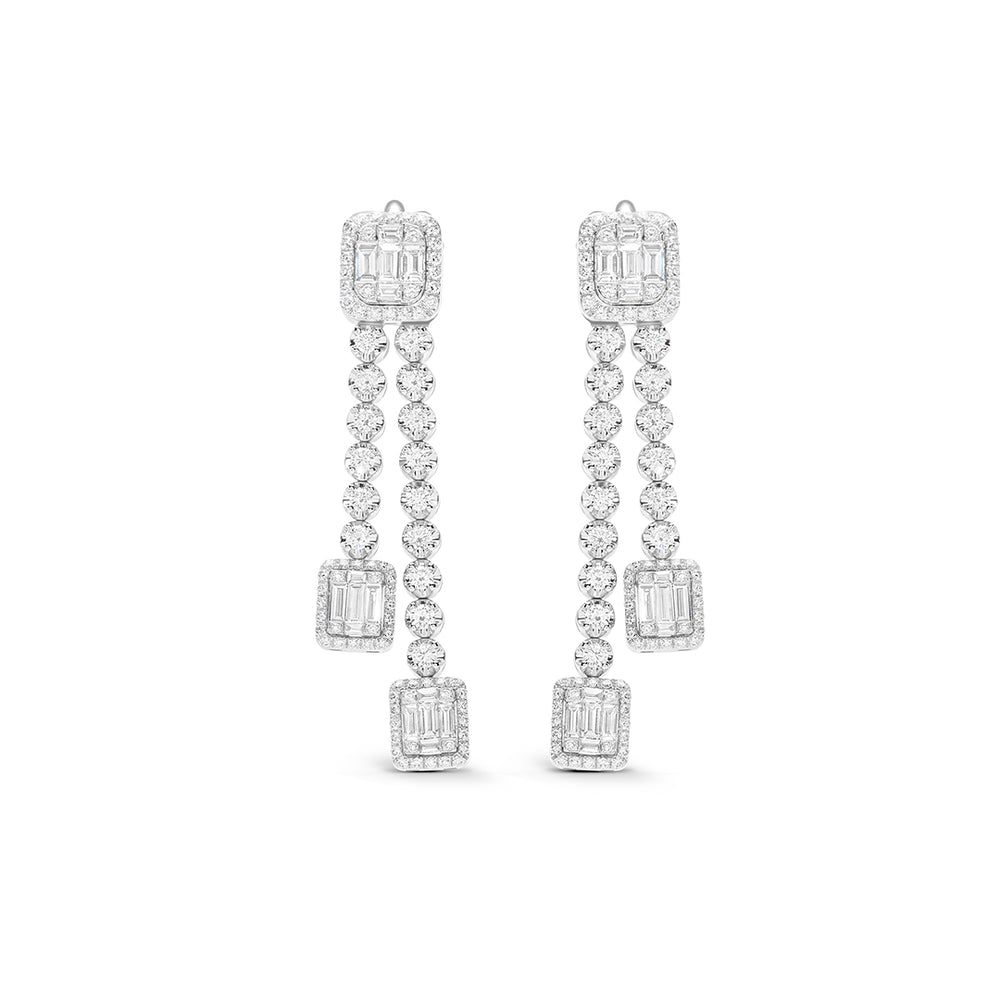Square invisible Setting Dangling Earrings with Round Diamonds