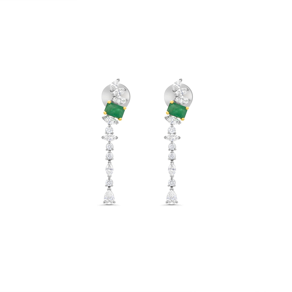 White Diamond Cluster and Emerald Stone Baguette Cut Dangle Earrings