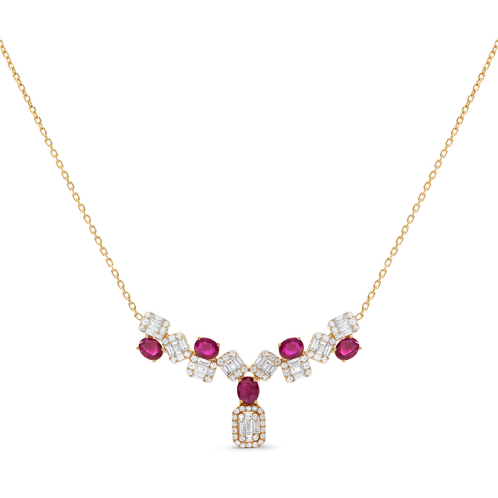 Necklace in Invisible Setting White Diamonds and Oval-Shaped Rubies