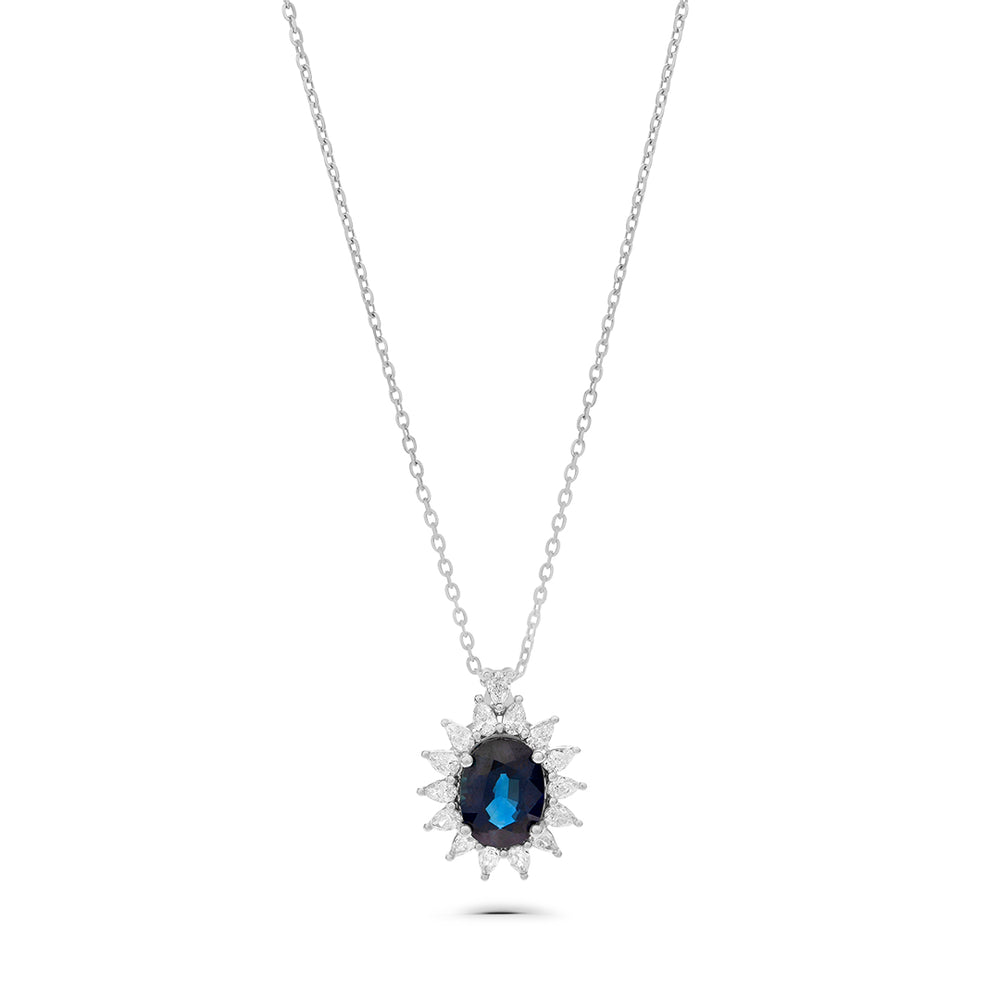 Oval Classic Pendant with Sapphire Stone and White Diamonds