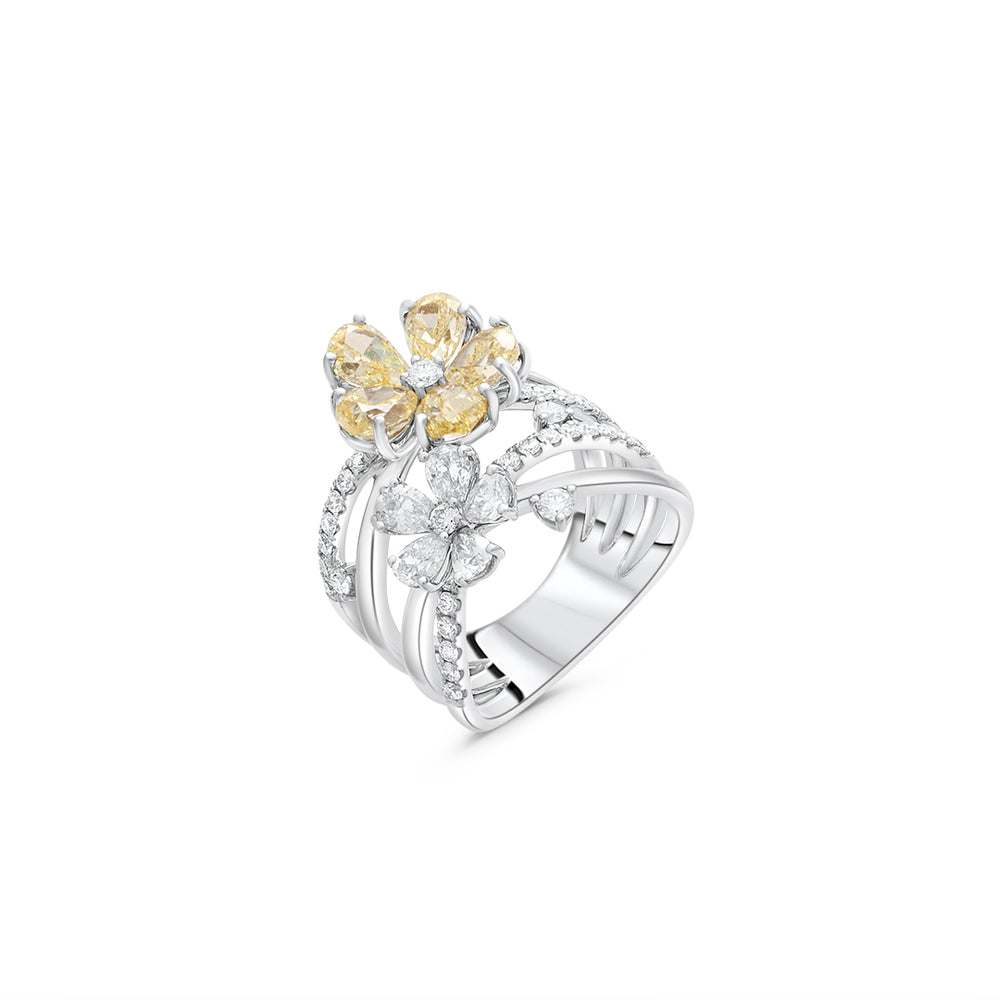 Yellow & White Diamond Floral Statement Ring