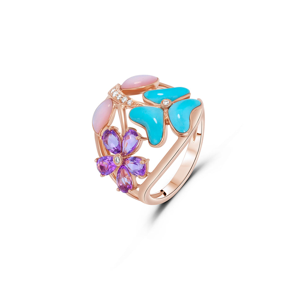 Floral Ring in Turquoise, Amethyst, and Coral
