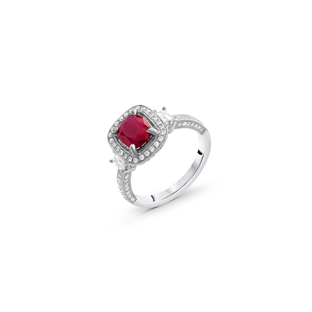 Ruby and White Diamond Pave Halo Ring
