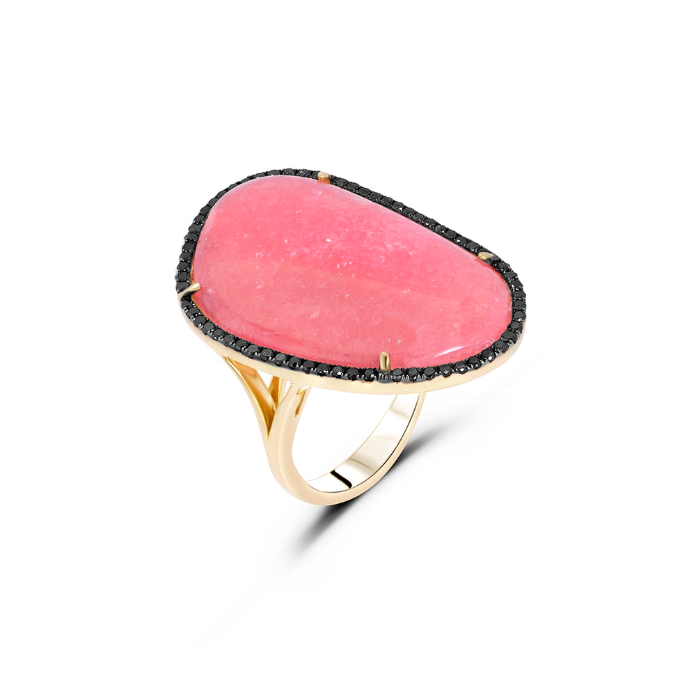 Natural Coral Stone Ring with Black Diamonds