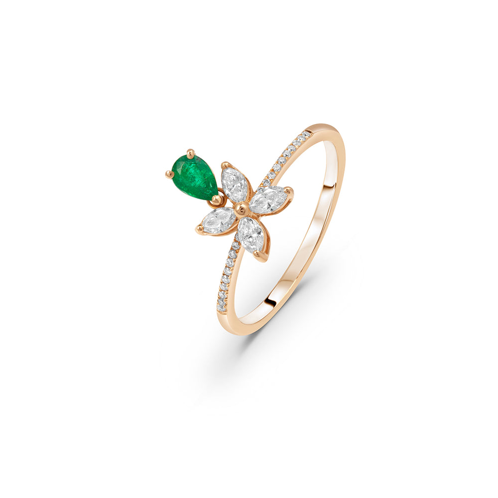 Dainty Emerald and Marquise Diamond Drop Ring