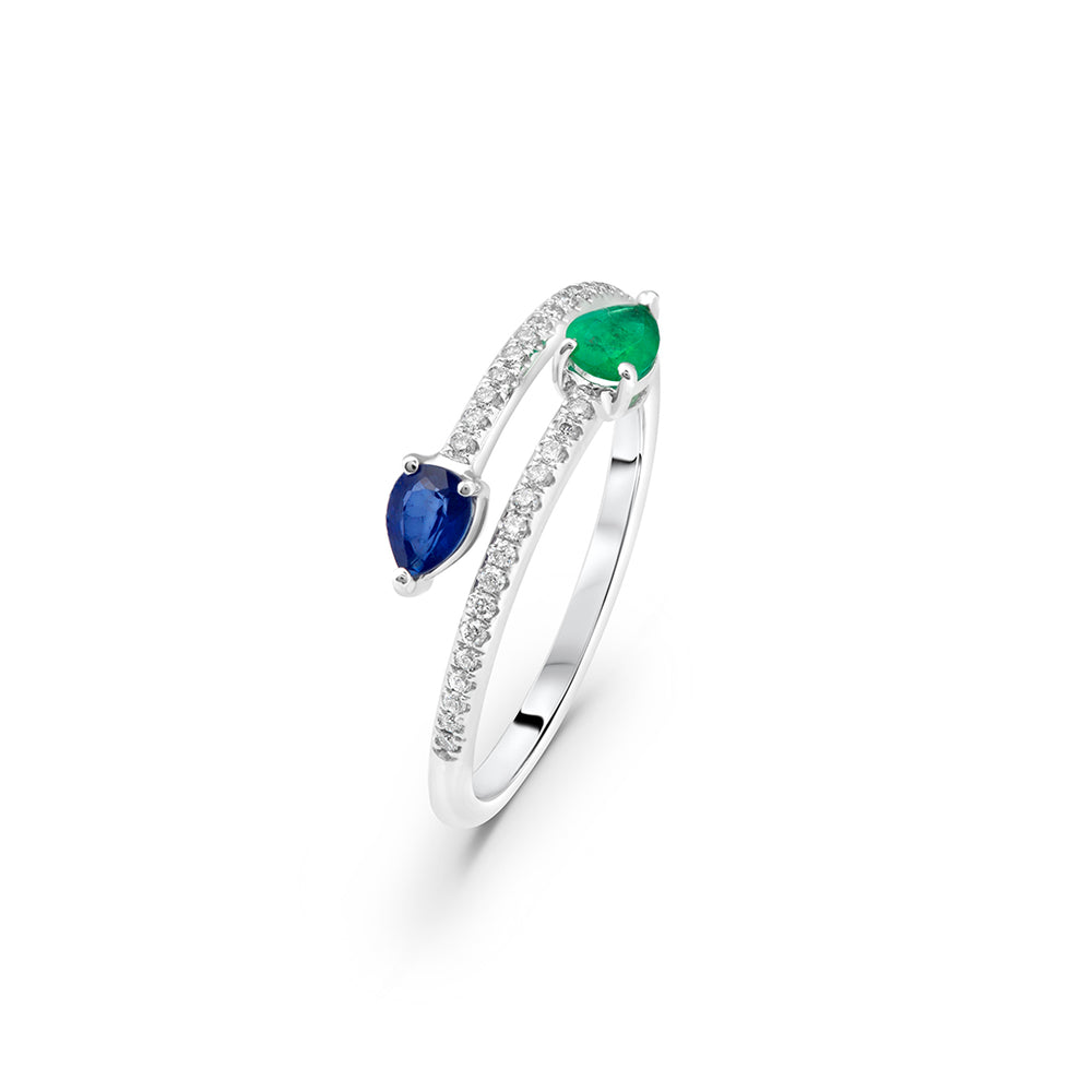 Double Band Ring with Emerald and Sapphire Pears