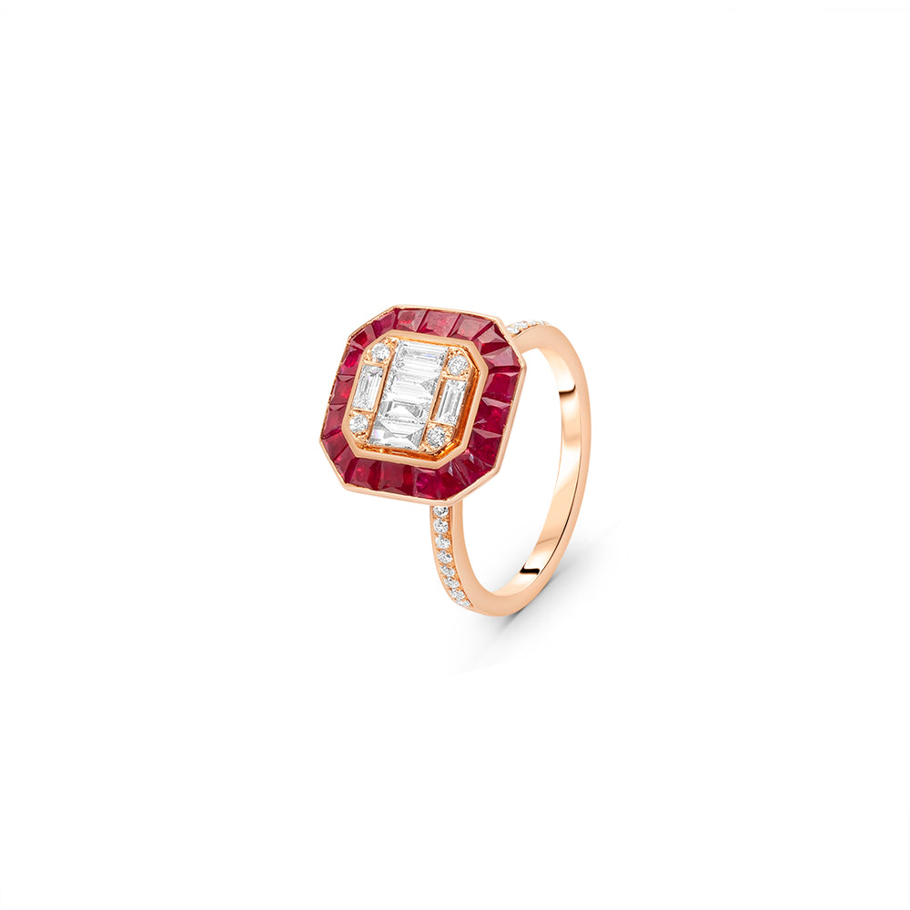 Geometric Invisible Setting Ring with Ruby and White Diamonds