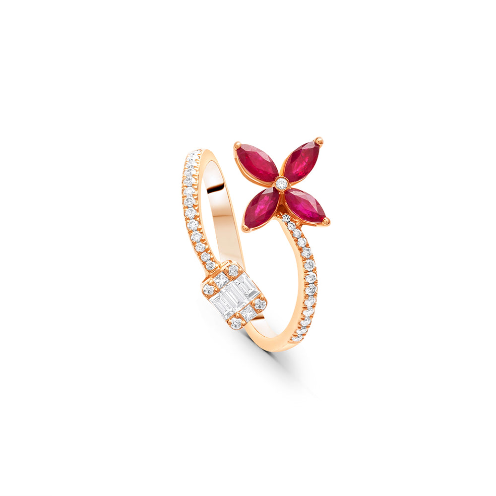 Flower Ruby Open-Ring with White Diamonds