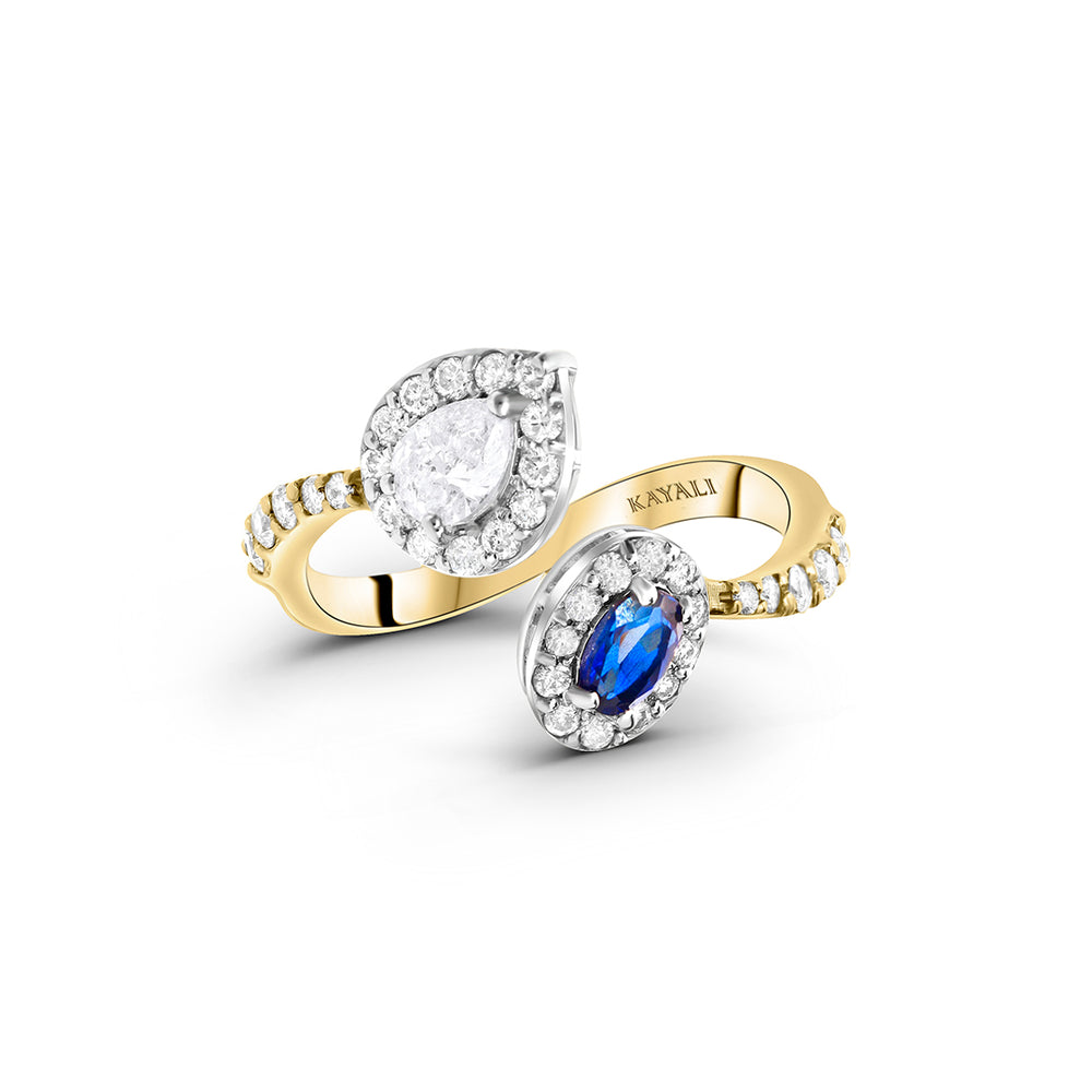 Open Pear Shaped Diamond & Oval Sapphire Ring